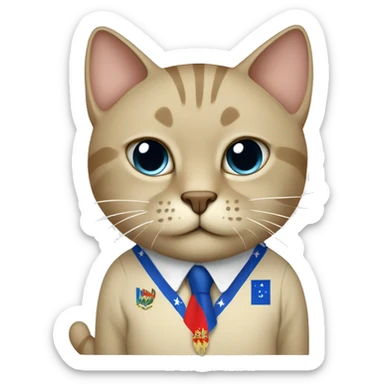 Beige cat wearing a shirt with a Bosnian flag  sticker
