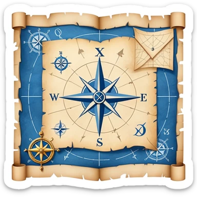 blue blueprint with white lines and treasure map elements including X mark, dotted path, compass rose sticker