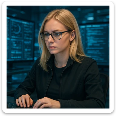blonde girl working in IT, modern tech style, professional, focused, digital environment sticker