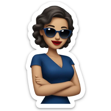 
brunette in dark blue sunglasses, with red lips and in a dark blue dress shows a thumbs up sticker