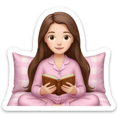  happy white long brunette hair girl with hazel eyes in light pink pajamas reading Pride and Prejudice sticker