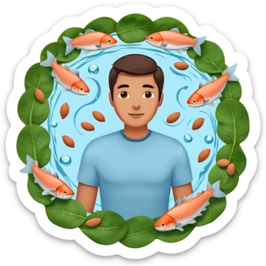 Relaxed floating man surrounded by circling foods: pieces of salmon, dark chocolate, almonds, and spinach leaves. These omega-3 and magnesium-rich foods glow softly as they orbit around him, creating a peaceful, weightless atmosphere. sticker