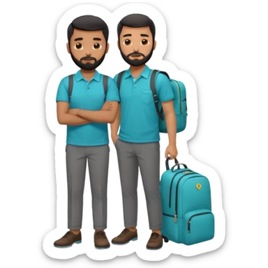 man with black short male hair and black hair and beard and hes in a office with his grey backpack on the floor and he has a tourquose polo shrit with gre dress pants and hes working at a hotel sticker