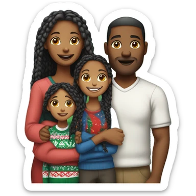 Black family of four members with Dad, Mom, Son, and Daughter. The Son and Daughter are teenagers. The Mom has braids. The Dad is light skinned.All family members are wearing Christmas sweaters and Santa hats.  sticker