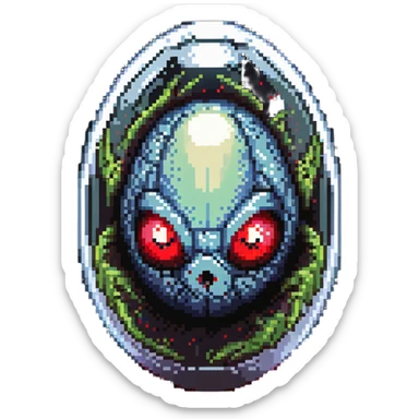 a strange large transparent alien egg, floating inside with a visible creature inside, embryo, embryonic, fetal shape, primordial, 3 glowing red eyes, illuminated from above sticker