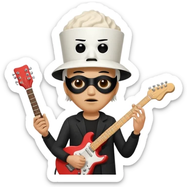 guitarist wearing a white bucket on his head, with two eye holes, a blank expression, and a small theatrical mask on the bucket. He’s holding an electric guitar, dressed in a simple black outfit, giving off a mysterious but playful rock legend vibe, kfc bucket on his head sticker