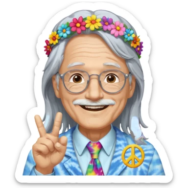 elderly man with long grey hair, glasses, peace sign necklace, tie-dye clothing, flower crown sticker