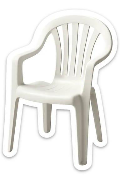 classic molded plastic lawn chair with an arched top roll and five vertical back slats, simple and iconic, white plastic, isolated, clear details sticker