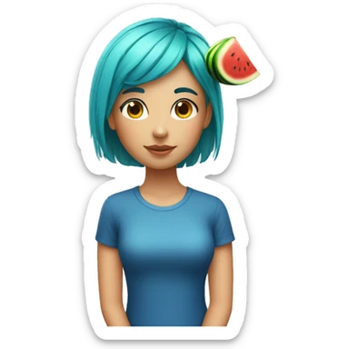 A girl with BLUE hair and a watermelon  sticker