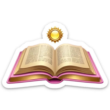An open pink book with glowing light rays emerging from its pages, magical atmosphere, sticker