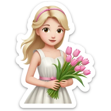  A girl with a half-up half-down hairstyle, and a white dress, enjoying the spring breeze.Holding a bundle of pink tulips sticker