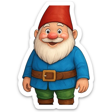 A large gnome in a colorful outfit, standing tall with a cheerful expression sticker