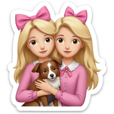 Menina loira fofa de cabelo comprido usando uma blusa rosa e um laço no cabelo abraçando um border collie marrom  sticker
