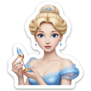 Cinematic Realistic Cinderella Portrait, depicted with lifelike skin texture, subtle rosy undertones, and soft natural lighting that enhances the gentle contours of her face. Her intricately detailed golden blonde hair is elegantly styled in an updo, with delicate wisps framing her face. Her deep, expressive blue eyes radiate warmth and sincerity, reflecting a quiet resilience and grace. She holds a glass slipper gently in one hand, her other hand resting gracefully at her side, emphasizing the timeless beauty of the moment. She is dressed in her iconic ball gown, the fabric shimmering with intricate embroidery and fine translucent layers that catch the light beautifully. The soft sheen of satin gloves adds a magical touch to her graceful pose. The portrait features an enchanting glow with a natural, luminous finish, seamlessly blending realism and fairytale charm to evoke a sense of depth, elegance, and timeless beauty. sticker