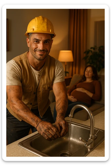 Construction worker coming home, immediately fixing leaky faucet without being asked, hands dirty but smile calm as his pregnant wife rests on couch sticker