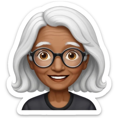 old lady long face with soft waves white hair, dark brown skin, and large brown eyes, wearing black-rimmed glasses, with a friendly smile sticker