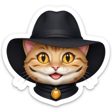 chat de couleur noir portant un chapeau avec un grand sourire sticker