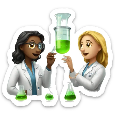 scientists discussing by the window two girls with one clear beaker sticker
