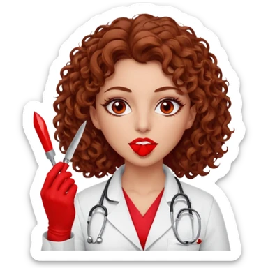 Lilith scalpel in hand, evil surgeon sexy surgeon clothes.  She has red eyes.  Hair is long. Hair is brown and curly hair. Wears sexy doctor outfit with red gloves. Covers mouth neck and nose with red litham for Muslim woman sticker