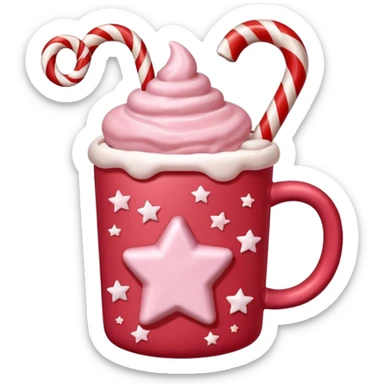 hot chocolate in red and pink pastel christmas mug with stars and candy cane, trendy aesthetic sticker