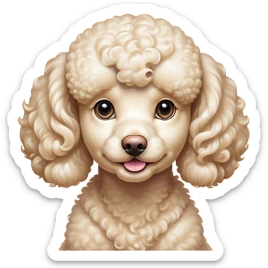 Cinematic Cute Cream Poodle Portrait Emoji, Head tilted playfully and inquisitively, showcasing a bouncy, curly cream Fur with a luminous sheen, round, sparkling warm eyes filled with curiosity, Simplified yet irresistibly adorable features, highly detailed, glowing with a warm, friendly glow, high shine, affectionate and lively, stylized with a touch of whimsy, bright and endearing, soft glowing outline, capturing the essence of a mischievous yet loving companion, so playful it feels like it could bounce out of the screen and into your arms! sticker
