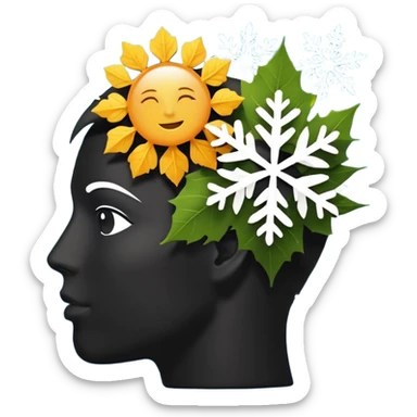 silhouette of a head with seasonal icons (leaf, snowflake, sun, flower) sticker
