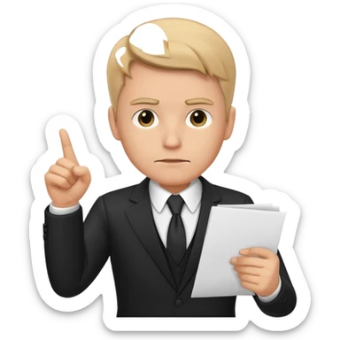 A white man in a black suit stands with a serious face and points at his hand holding papers. sticker