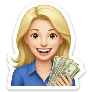 laughing woman holding lots of money sticker