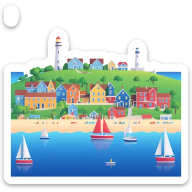 highly detailed, realistic 3D icon of the Provincetown, MA skyline, featuring its architectural landmarks, with bright lighting, isolated against a transparent background sticker