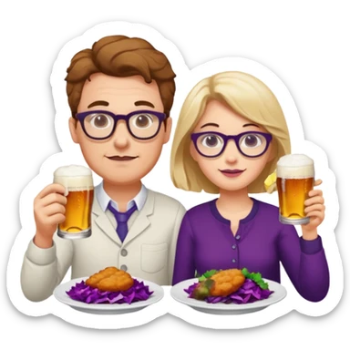 German man with glasses and woman with glasses eating schnitzel, red cabbage, potatoes, and drinking a beer sticker