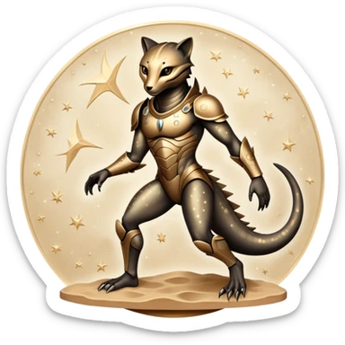 A nocturnal predator with a body resembling polished bronze plates that absorb moonlight, featuring constellation patterns that rearrange themselves to hypnotize prey before it strikes from beneath the sand. full body sticker
