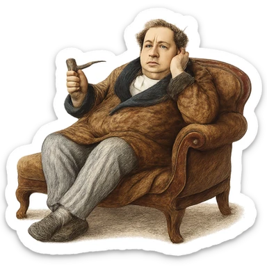 Герой Обломова в слегка рисованном, но при этом реалистичном и объемный стиле,  со слегка растерянным видом в дорогом халате развалился на дорогой кушетке 19 века, прозрачный фон sticker