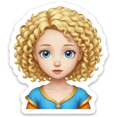 Cute fantasy character head with a large forehead, big bright blue eyes, and short, voluminous golden blond curly hair. Stylized, colorful, cartoon look focused on cuteness. sticker
