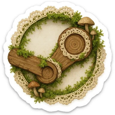 Rustic Steam logo in cottagecore style: logo formed from wooden rings and arms, with lace, moss, and mushrooms, cozy and natural, no text sticker