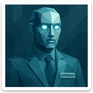 supervisor AI agent, modern style, geometric AI face with glowing eyes, futuristic and approachable sticker