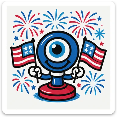 Recolor the webcam and festive elements using only the colors of the American flag: red, white, and blue, while maintaining a cheerful and festive style. sticker