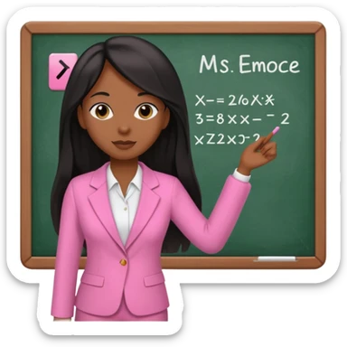 a brown skin teacher with hair with black straight long hair wearing pink not hot pink 2 piece set teaching up on a board the board says Ms. jade sticker