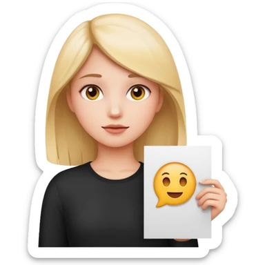 close up of a girl holding a white poster, standing to the side so her face is visible, emoji style sticker