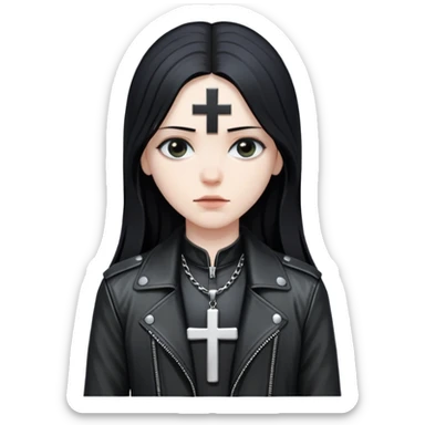 black metal inspired emoji with long hair, leather jacket, inverted cross sticker