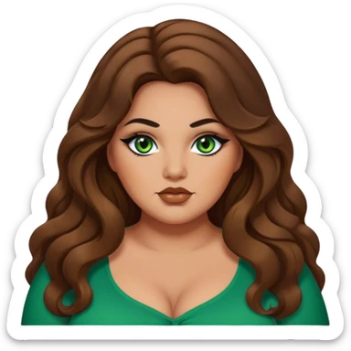 plus size, long brown wavy hair, baddie,pretty, makeup, black eyeliner, long hair, green eyed sticker