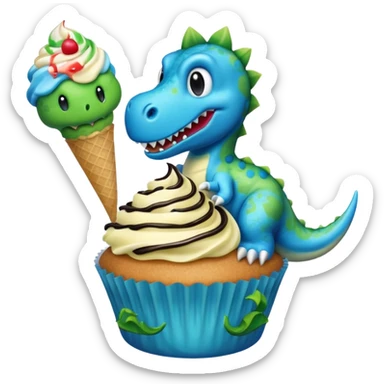 A cupcake having blue and black icing and a dinosaur as a decoration and ice cream next to it sticker