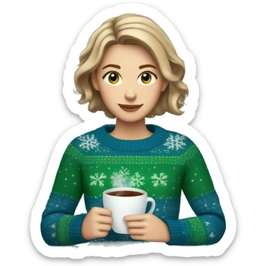 Light brown short haired girl with green eyes drinking coffee wearing blue Christmas sweater sticker