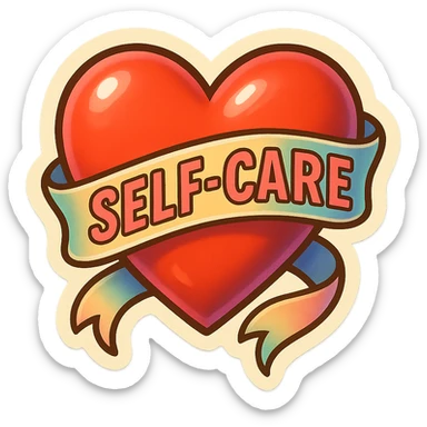 ribbon wrapping a heart, symbol of self-care, retro sticker style, clear contours, shadows and highlights, psychosomatics theme sticker