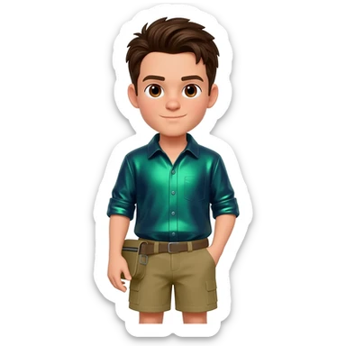 Chris Kratt with brown eyes, dark brown hair, green blue metallic shirt, khaki metallic baggy shorts sticker