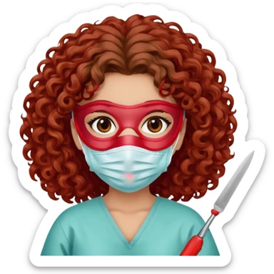 Lilith symbol seductress evil surgeon. Hair curly, and brown. Long curly brown hair. Red surgical mask and hair covering. She works for cartel and kills  with a scalpel. sticker