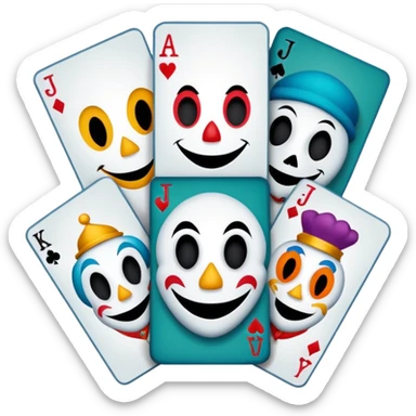 bunch of 3 poker cards, with crazy colorful human jolly jokers inside, inversed face, cuphead style sticker