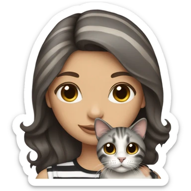 Beautiful dark brown haired tattooed woman holding gray and white striped long hair cat sticker