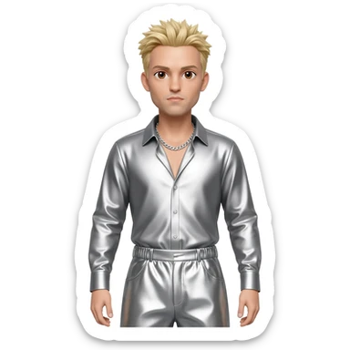 Bill Kaulitz with brown eyes, blonde hair, silver metallic shirt, silver metallic baggy pants, silver necklace sticker