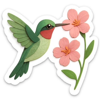 ruby-throated hummingbird in flight, delicate paper layers, hovering near pink flowers, expressive eye sticker