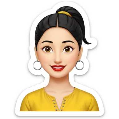 generate a pretty bratz emoji that looks like Kareena Kapoor's Geet character. 
Make her wear a yellow kurti, silver hoops, black hair in a ponytail. smiling big

She should look like Kareena Kapoor sticker